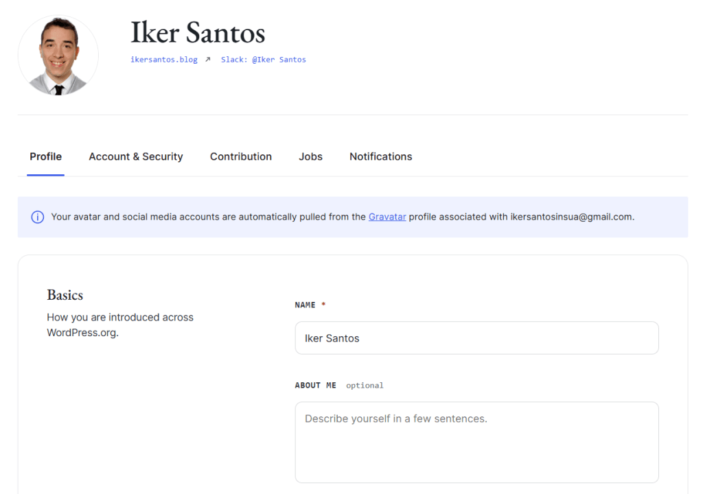Screenshot of the WordPress.org profile page showing basic account information and Gravatar integration