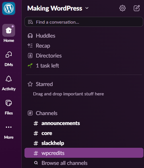 Screenshot of the Slack desktop interface for the 'Making WordPress' workspace